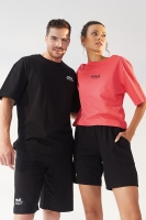 Rose / Siyah - Siyah Küçük Yazı Baskılı O Yaka Oversize Bermuda Şort Takım Sevgili Kombini - 1