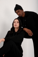 Siyah Kapüşonlu Kanguru Cep Oversize Lastik Paça Sevgili Kombini - 3