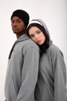 Gri Melanj Kapüşonlu Kanguru Cep Oversize Lastik Paça Sevgili Kombini - 4