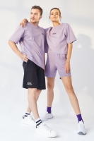 Eflatun / Siyah-Eflatun Küçük Yazı Baskılı O Yaka Oversize Bermuda Şort Takım Sevgili Kombini - 2