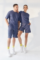 Petrol Küçük Yazı Baskılı O Yaka Oversize Bermuda Şort Takım Sevgili Kombini - 2