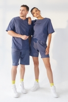 Petrol Küçük Yazı Baskılı O Yaka Oversize Bermuda Şort Takım Sevgili Kombini - 3