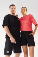 Rose / Siyah - Siyah Küçük Yazı Baskılı O Yaka Oversize Bermuda Şort Takım Sevgili Kombini - 2