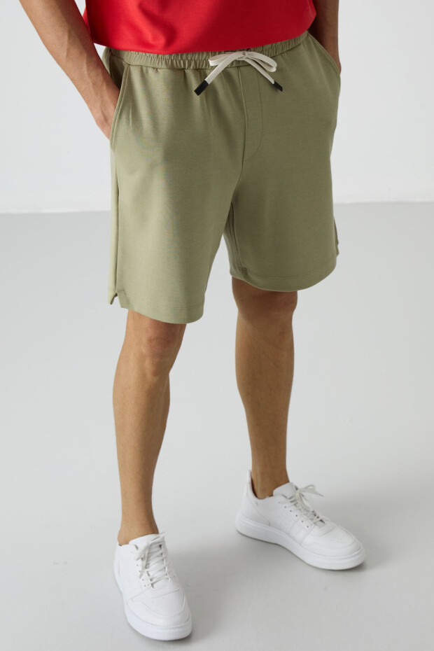 Açık Çağla Pamuklu Kalın Yumuşak Dokulu Comfort Fit Basic Erkek Şort - 81274 - 3