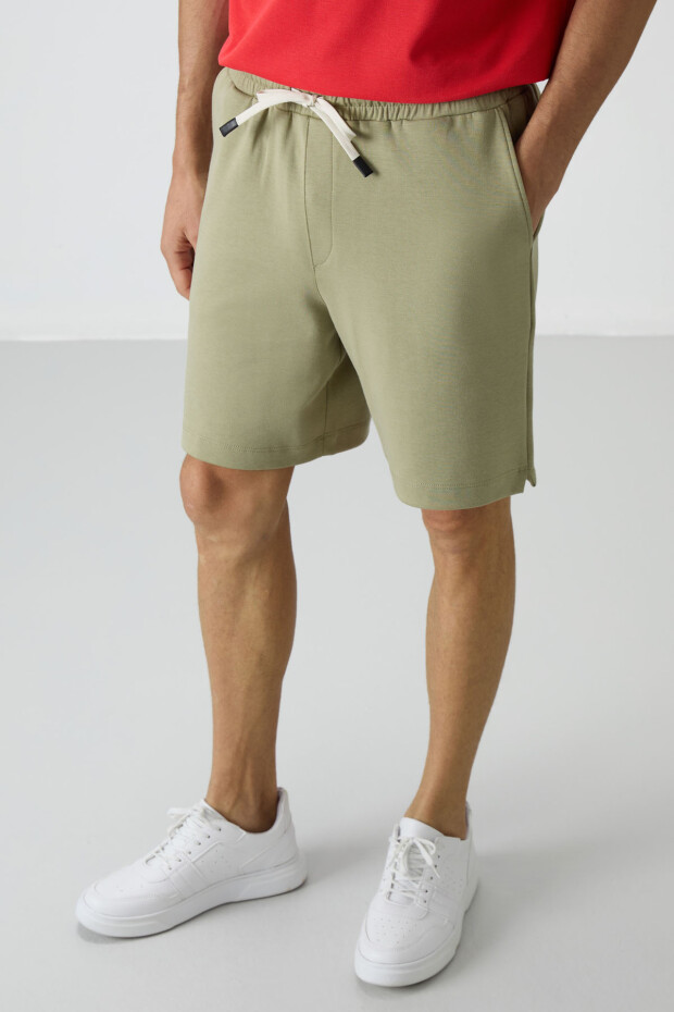 Açık Çağla Pamuklu Kalın Yumuşak Dokulu Comfort Fit Basic Erkek Şort - 81274 - 1