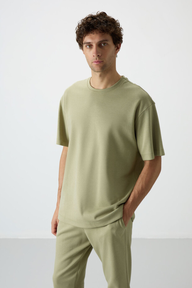 Açık Çağla Pamuklu Kalın Yumuşak Dokulu Oversize Fit Basic Erkek Eşofman Takım - 85251 - 2