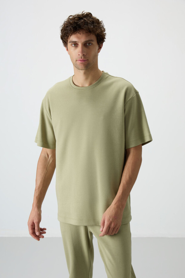 Açık Çağla Pamuklu Kalın Yumuşak Dokulu Oversize Fit Basic Erkek Eşofman Takım - 85251 - 5