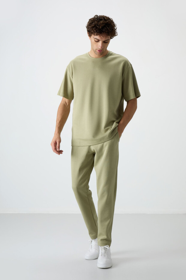 Açık Çağla Pamuklu Kalın Yumuşak Dokulu Oversize Fit Basic Erkek Eşofman Takım - 85251 - 1