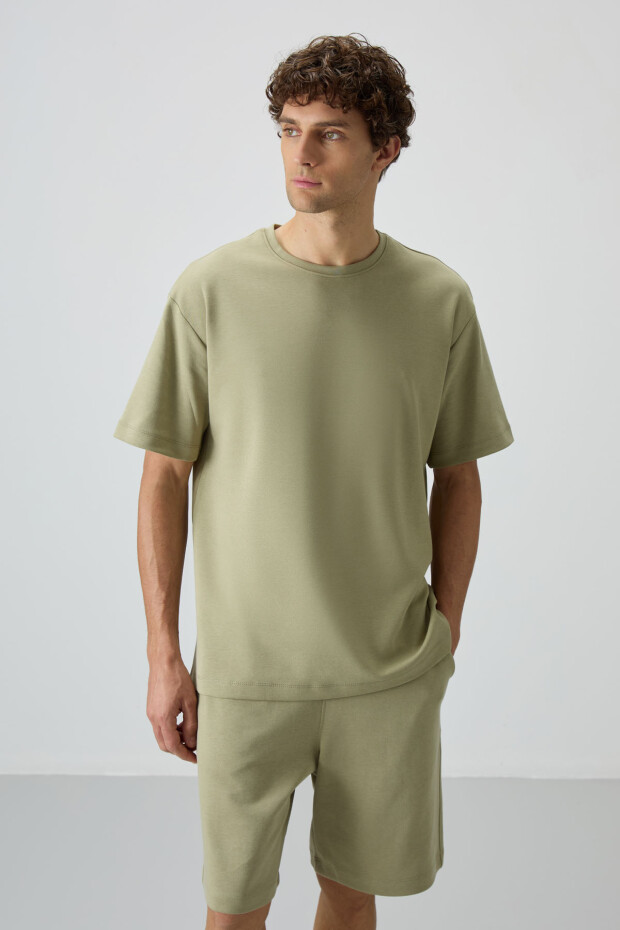 Açık Çağla Pamuklu Kalın Yumuşak Dokulu Oversize Fit Basic Erkek Şort Takım - 85249 - 4
