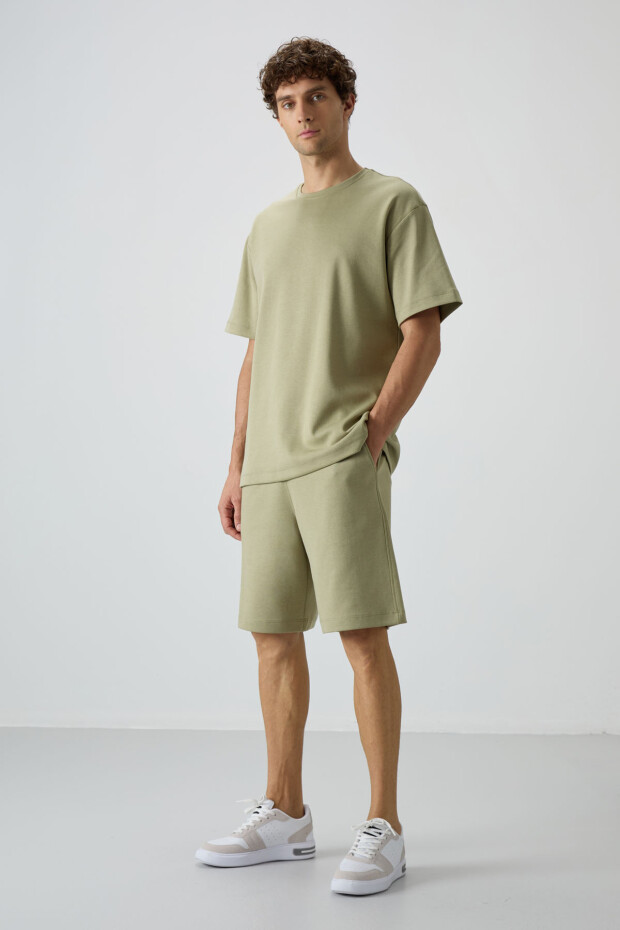 Açık Çağla Pamuklu Kalın Yumuşak Dokulu Oversize Fit Basic Erkek Şort Takım - 85249 - 1