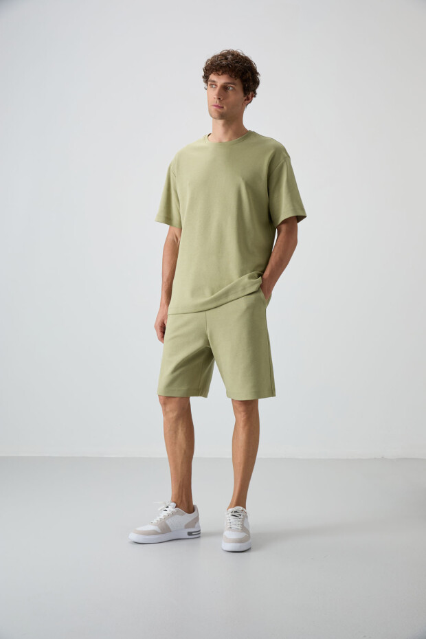 Açık Çağla Pamuklu Kalın Yumuşak Dokulu Oversize Fit Basic Erkek Şort Takım - 85249 - 3