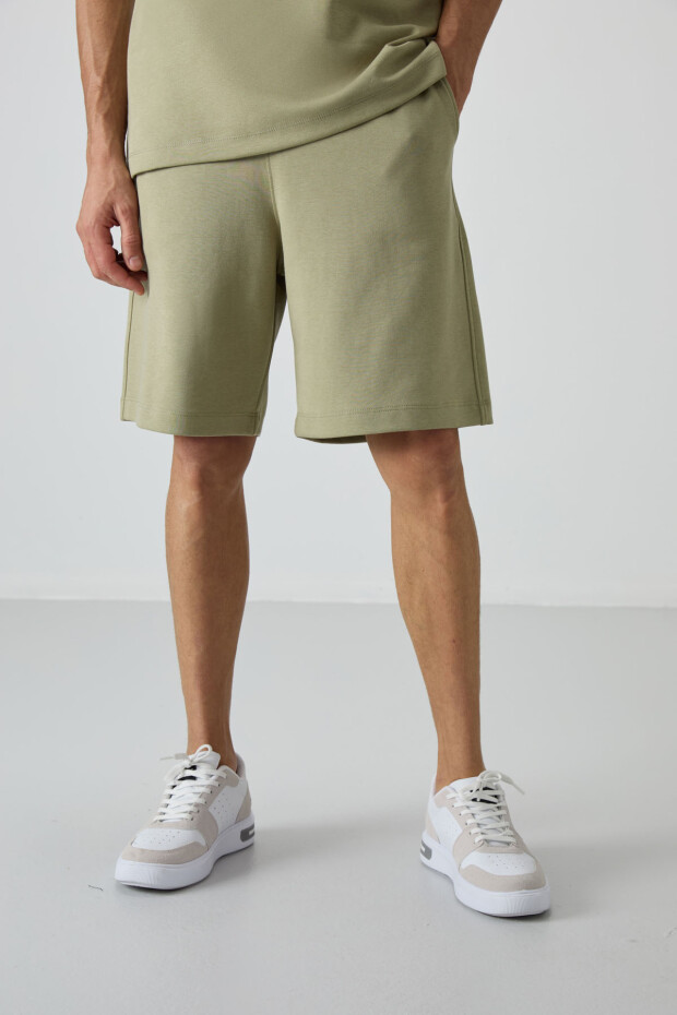 Açık Çağla Pamuklu Kalın Yumuşak Dokulu Oversize Fit Basic Erkek Şort Takım - 85249 - 5