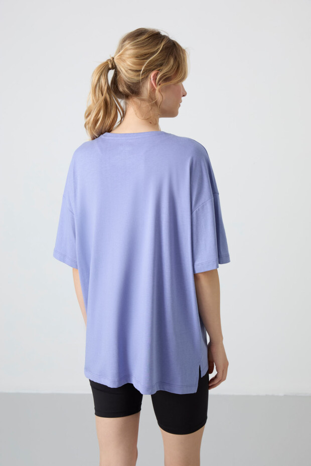 Açık Eflatun Penye Modal Yumuşak Tuşeli Oversize Fit Basic Kadın T-Shirt- 97285 - 7