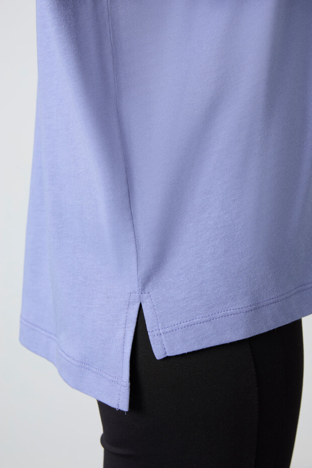 Açık Eflatun Penye Modal Yumuşak Tuşeli Oversize Fit Basic Kadın T-Shirt- 97285 - 5