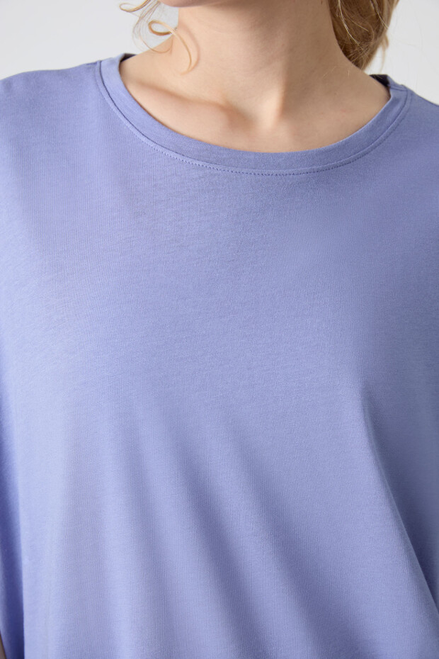 Açık Eflatun Penye Modal Yumuşak Tuşeli Oversize Fit Basic Kadın T-Shirt- 97285 - 4