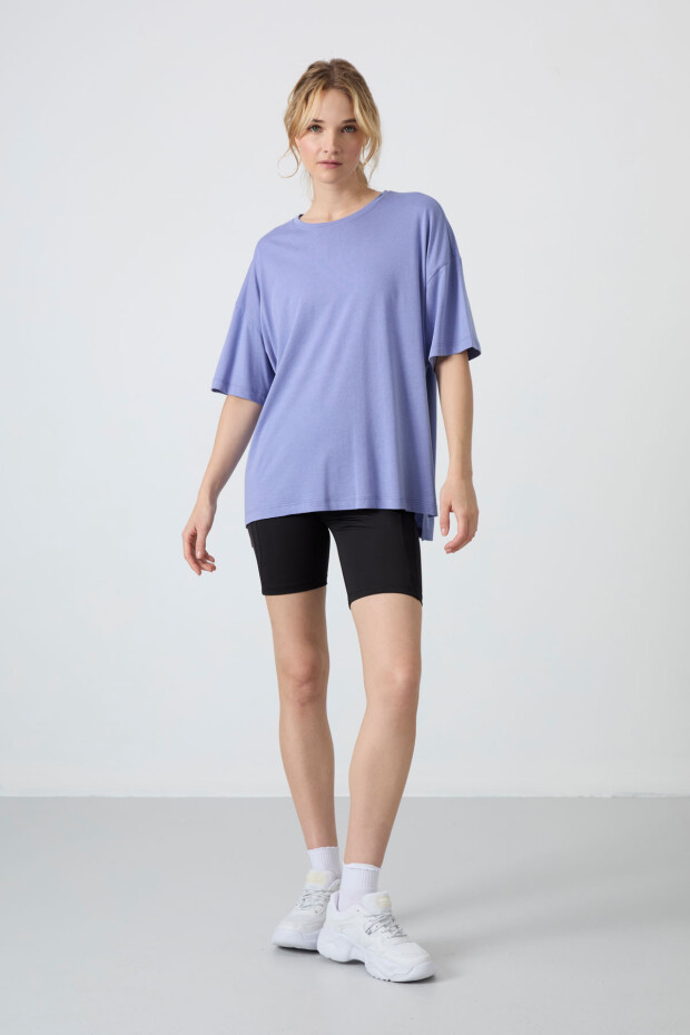 Açık Eflatun Penye Modal Yumuşak Tuşeli Oversize Fit Basic Kadın T-Shirt- 97285 - 2