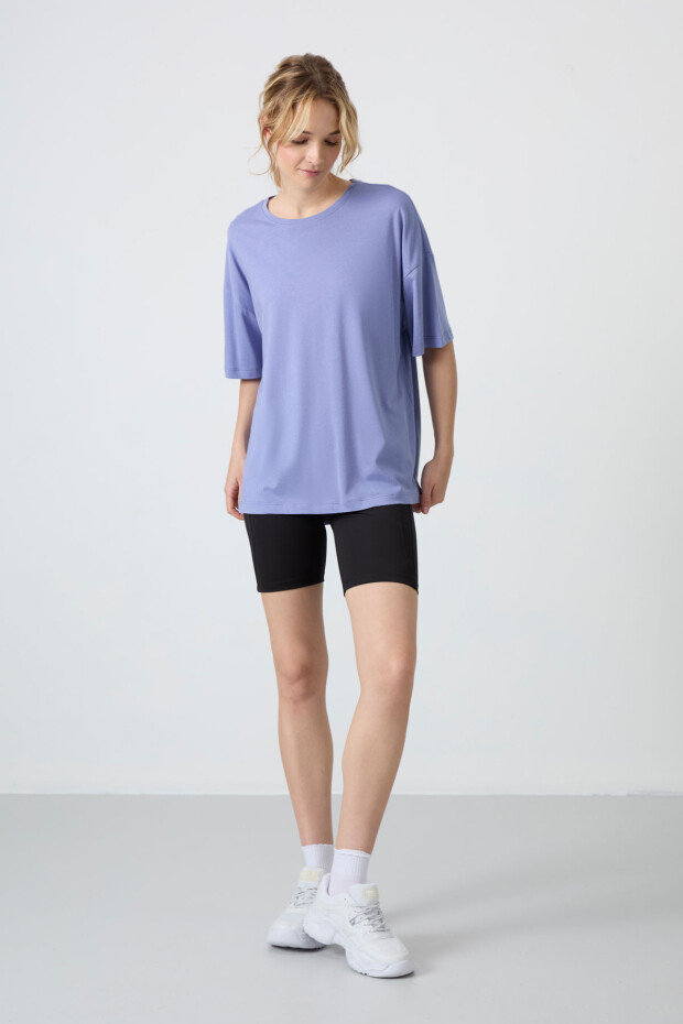 Açık Eflatun Penye Modal Yumuşak Tuşeli Oversize Fit Basic Kadın T-Shirt- 97285 - 6