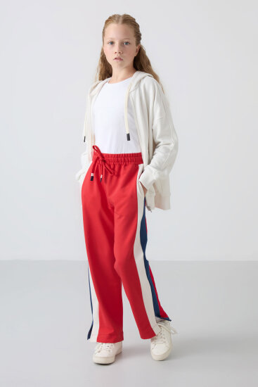 Açık Kırmızı Yırtmaç Detaylı Cepli Geniş Paça Kız Çocuk Eşofman Alt - 75141 