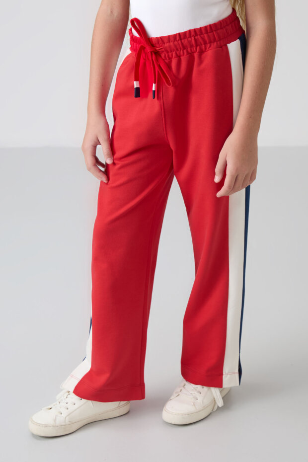 Açık Kırmızı Yırtmaç Detaylı Cepli Geniş Paça Kız Çocuk Eşofman Alt - 75141 - 4