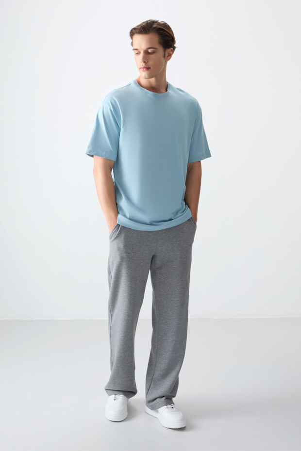 Açık Mavi %100 Pamuk Kalın Yumuşak Dokulu Oversize Fit Basic Erkek T-Shirt - 88353 - 3