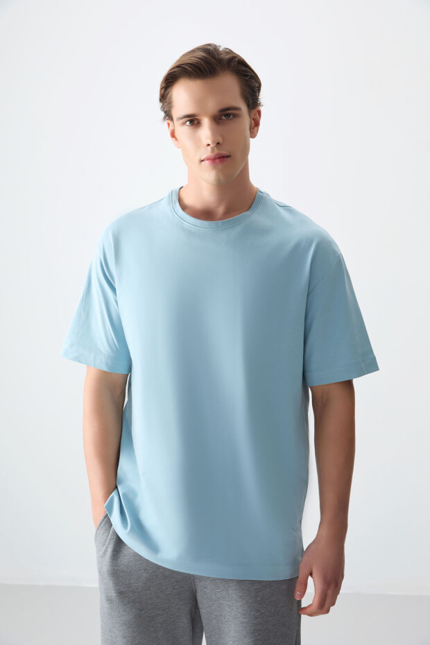 Açık Mavi %100 Pamuk Kalın Yumuşak Dokulu Oversize Fit Basic Erkek T-Shirt - 88353 - 2