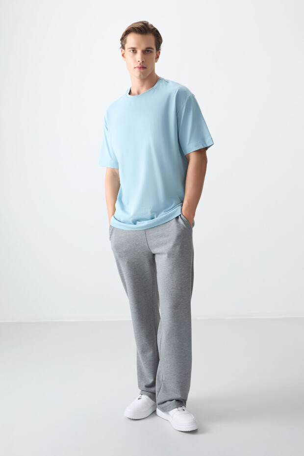 Açık Mavi %100 Pamuk Kalın Yumuşak Dokulu Oversize Fit Basic Erkek T-Shirt - 88353 - 5