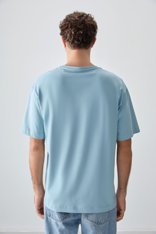 Açık Mavi %100 Pamuk Kalın Yumuşak Dokulu Oversize Fit Baskılı Erkek T-Shirt - 88355 - 5