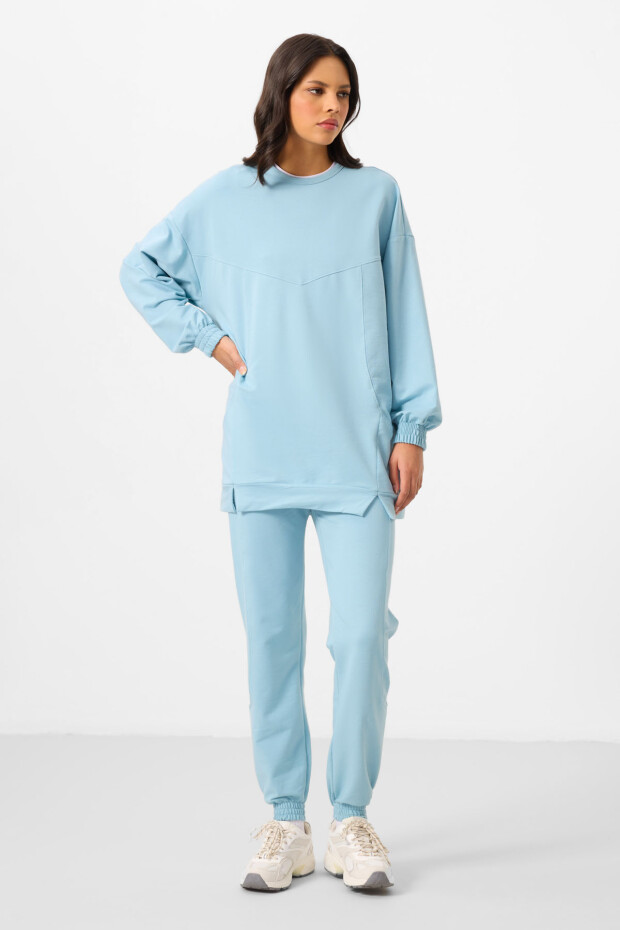 Açık Mavi O Yaka Basic Oversize Kadın Eşofman Tunik Takım - 95347 - 1