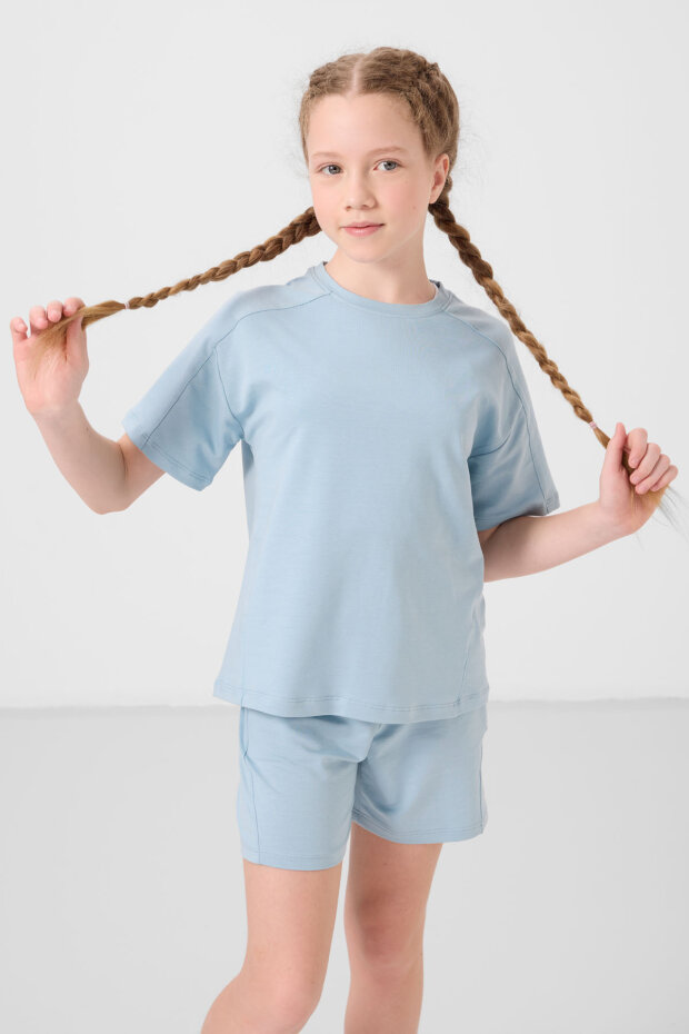 Açık Mavi Pamuklu Yumuşak Dokulu Standart Fit Basic Kız Çocuk Şort Takım - 75184 - 3