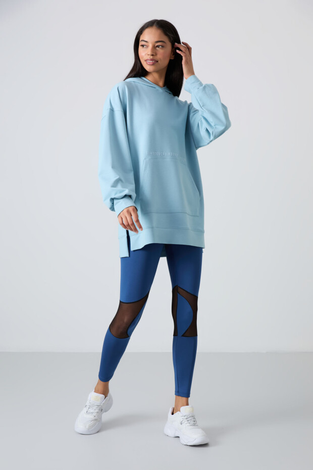 Açık Mavi Balon Kol Yazı Nakışlı Kadın Rahat Form Tunik Sweatshirt - 97163 - 2