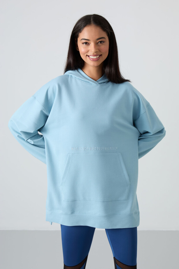 Açık Mavi Balon Kol Yazı Nakışlı Kadın Rahat Form Tunik Sweatshirt - 97163 - 5