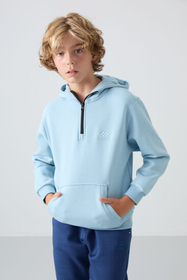Açık Mavi Pamuklu Kalın İçi Tüylü Yumuşak Dokulu Standart Fit Nakışlı Erkek Çocuk Sweatshirt - 11244 