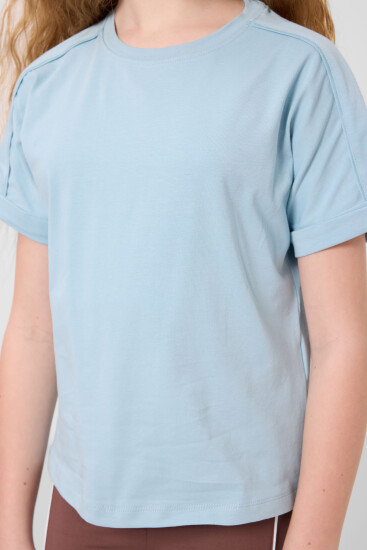 Açık Mavi Pamuklu O Yaka Oversize Fit Basic Kız Çocuk T-Shirt - 75182 - Thumbnail