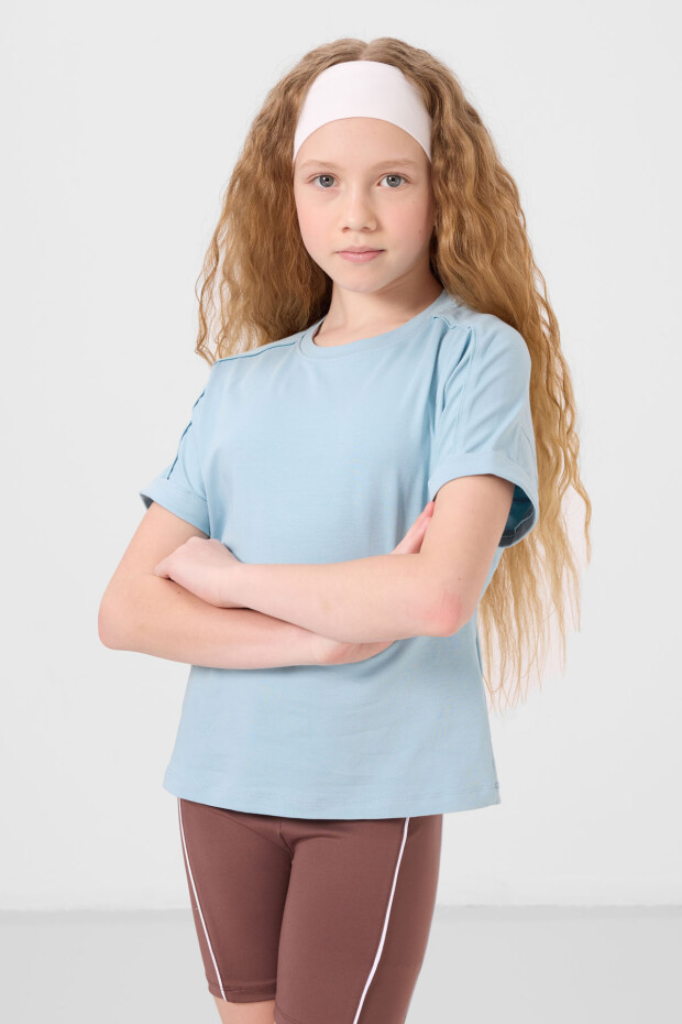 Açık Mavi Pamuklu O Yaka Oversize Fit Basic Kız Çocuk T-Shirt - 75182