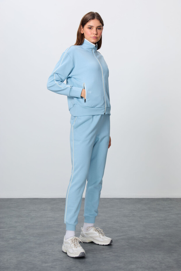 Açık Mavi Kompakt Pamuklu Kalın Pürüzsüz Dokulu Dik Yaka Oversize Fit Kadın Eşofman Takım - 95340 - 3
