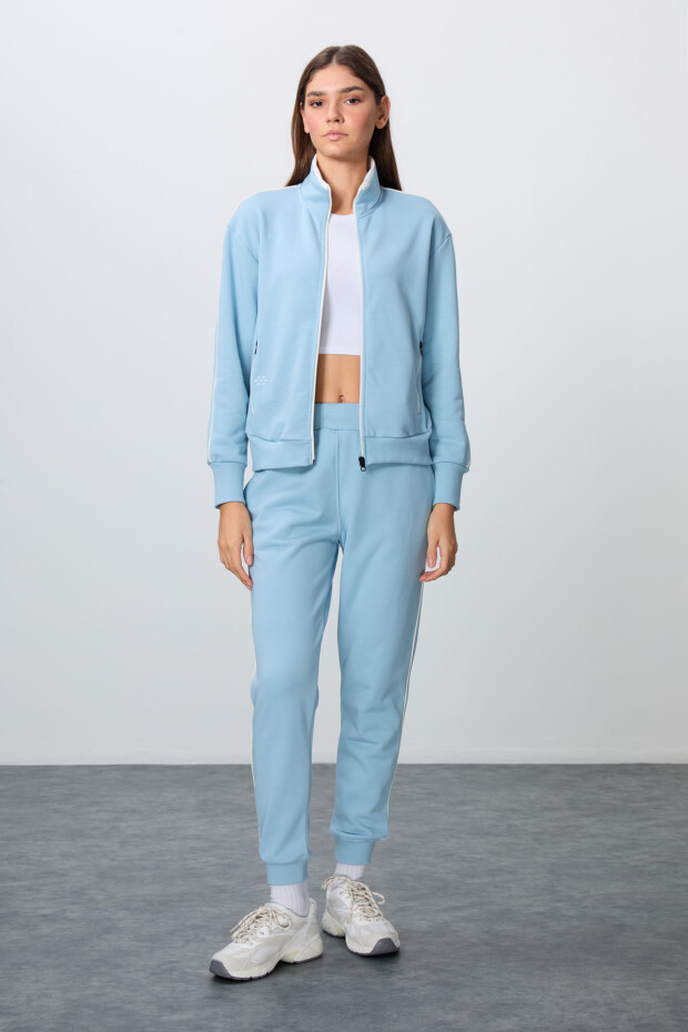 Açık Mavi Kompakt Pamuklu Kalın Pürüzsüz Dokulu Dik Yaka Oversize Fit Kadın Eşofman Takım - 95340 - 5