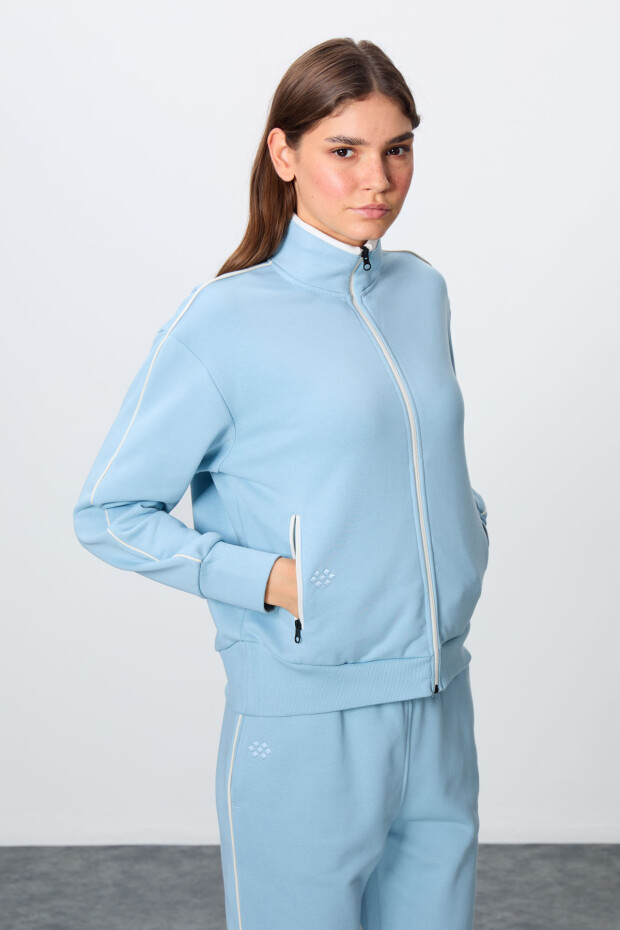 Açık Mavi Kompakt Pamuklu Kalın Pürüzsüz Dokulu Dik Yaka Oversize Fit Kadın Eşofman Takım - 95340 - 2