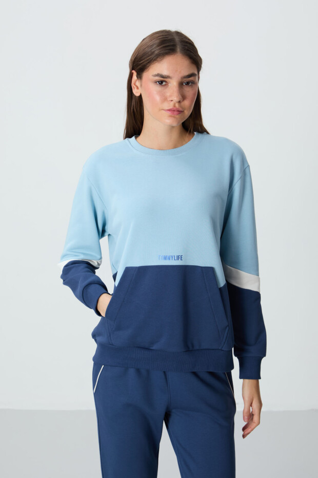 Açık Mavi Kompakt Pamuklu Kalın Pürüzsüz Dokulu O Yaka Standart Kalıp Kadın Sweatshirt - 97289 - 2
