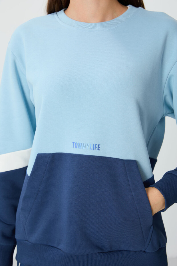 Açık Mavi Kompakt Pamuklu Kalın Pürüzsüz Dokulu O Yaka Standart Kalıp Kadın Sweatshirt - 97289 - 5