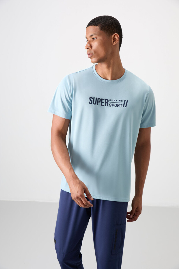 Açık Mavi Nefes Alan Dokulu İnce Esnek Standart Fit Erkek Performans T-Shirt - 88385 - 4