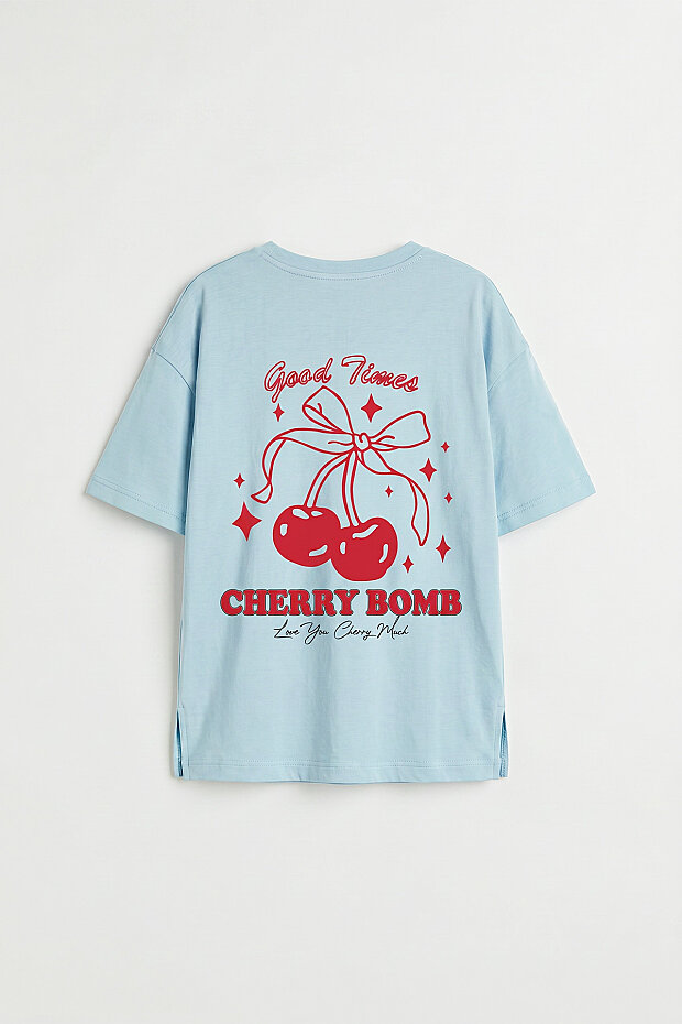 Açık Mavi Rahat Form Kısa Kollu Baskılı Kız Çocuk T-Shirt - 75176 - 4