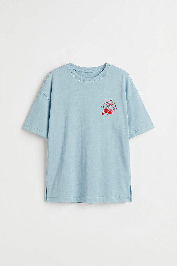 Açık Mavi Rahat Form Kısa Kollu Baskılı Kız Çocuk T-Shirt - 75176 - 3