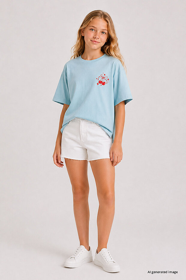 Açık Mavi Rahat Form Kısa Kollu Baskılı Kız Çocuk T-Shirt - 75176 - 2