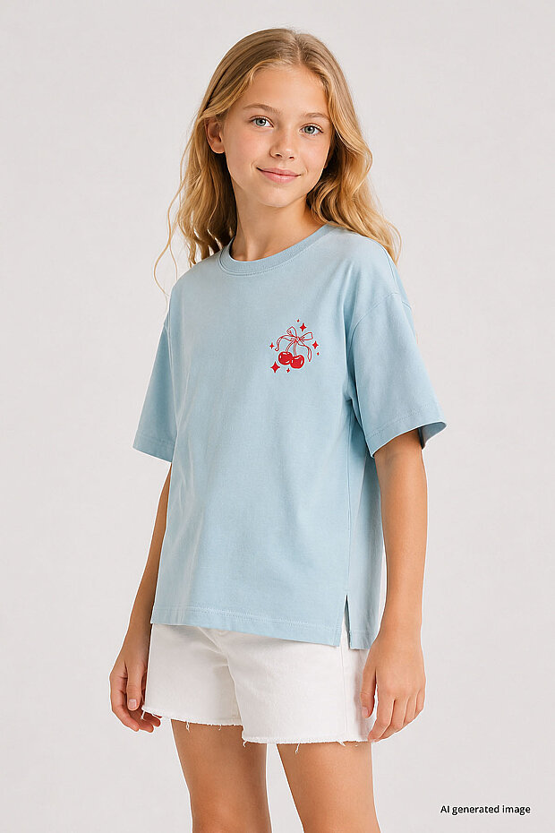 Açık Mavi Rahat Form Kısa Kollu Baskılı Kız Çocuk T-Shirt - 75176 - 1