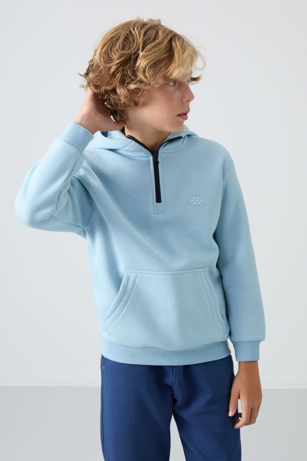 Açık Mavi Pamuklu Kalın İçi Tüylü Yumuşak Dokulu Standart Fit Nakışlı Erkek Çocuk Sweatshirt - 11244 - 2