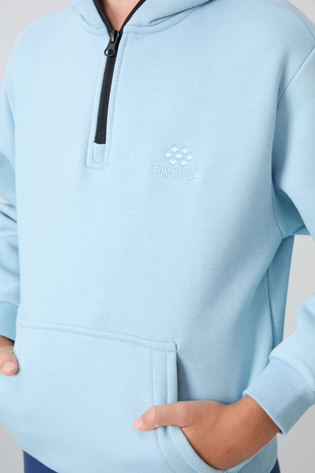 Açık Mavi Pamuklu Kalın İçi Tüylü Yumuşak Dokulu Standart Fit Nakışlı Erkek Çocuk Sweatshirt - 11244 - 3