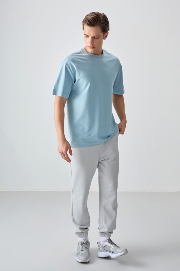 Açık Mavi Pamuklu Kalın Yumuşak Dokulu Oversize Fit Basic Erkek T-Shirt - 88377 - 3