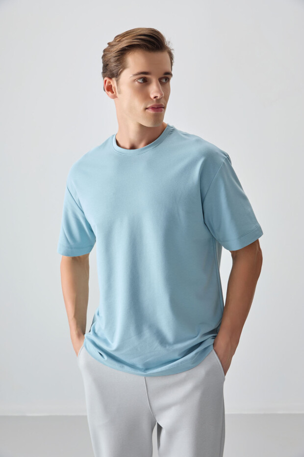 Açık Mavi Pamuklu Kalın Yumuşak Dokulu Oversize Fit Basic Erkek T-Shirt - 88377 - 2