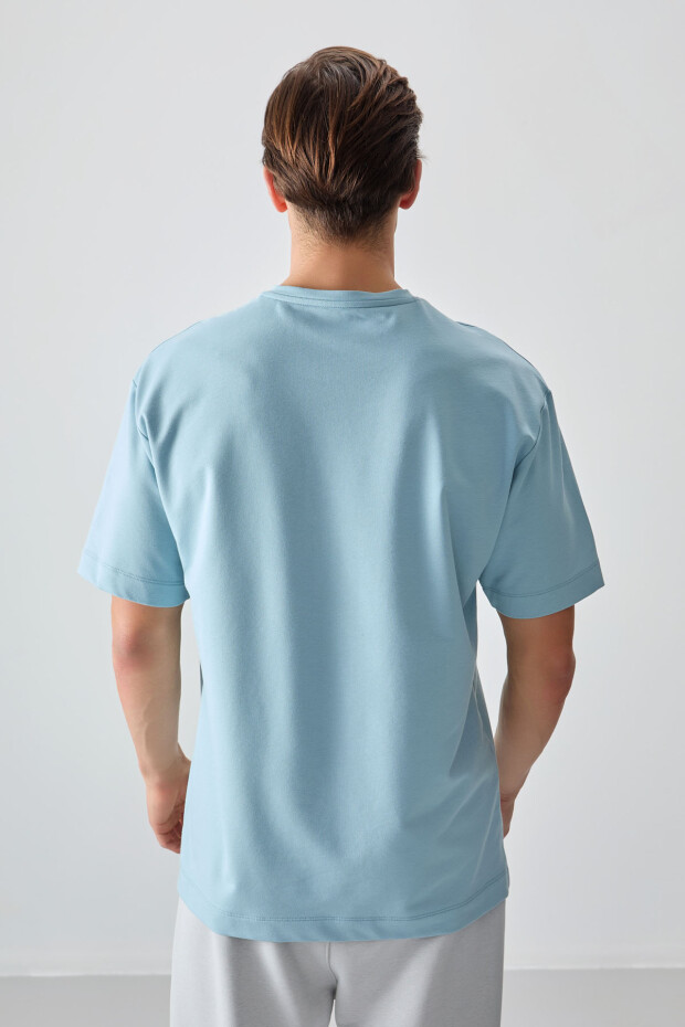 Açık Mavi Pamuklu Kalın Yumuşak Dokulu Oversize Fit Basic Erkek T-Shirt - 88377 - 6