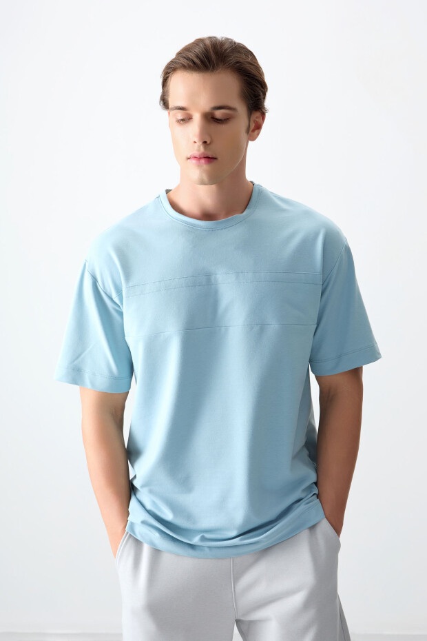Açık Mavi Pamuklu Kalın Yumuşak Dokulu Oversize Fit Basic Erkek T-Shirt - 88378 - 2